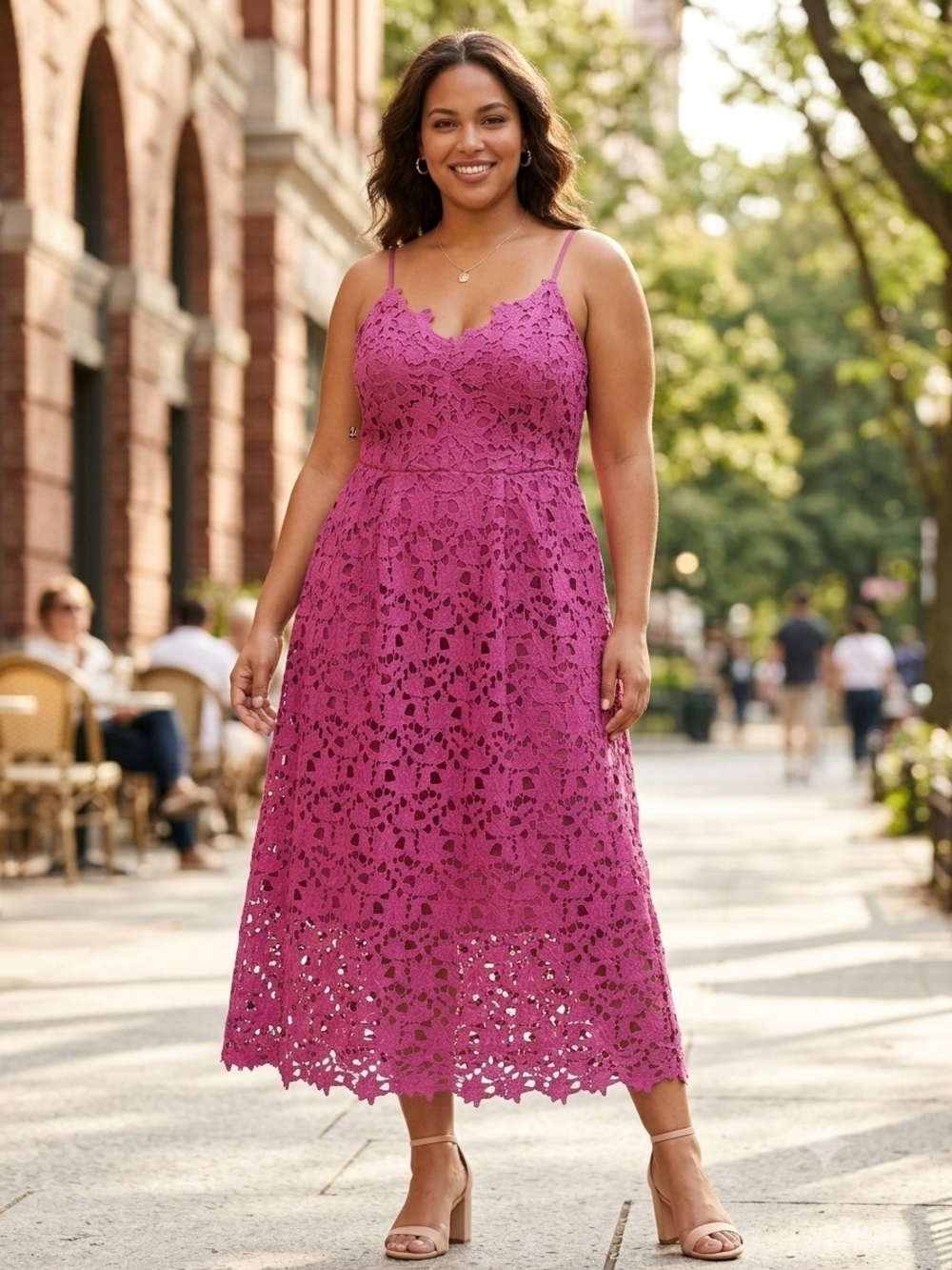 Astr Fuchsia Lace Midi Dress with Spaghetti Straps